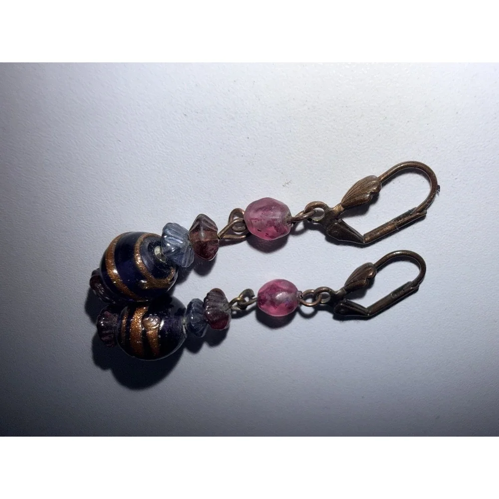 VTG Italy Wedding Cake Blue Pink Earrings Art Glass Venetian Murano Dangle Swirl